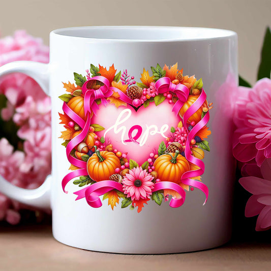 "Hope" Thanksgiving Theme Breast Cancer Awareness, 11oz White Mug